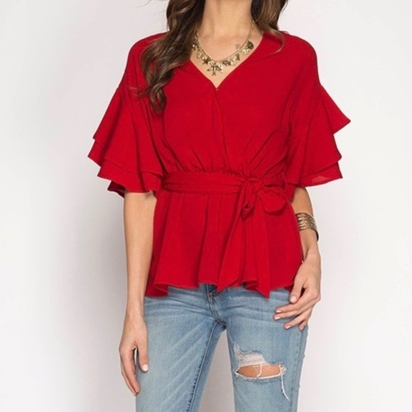 Tops - LAST ONE!  Red Ruffled Sleeve Tie  Waist top